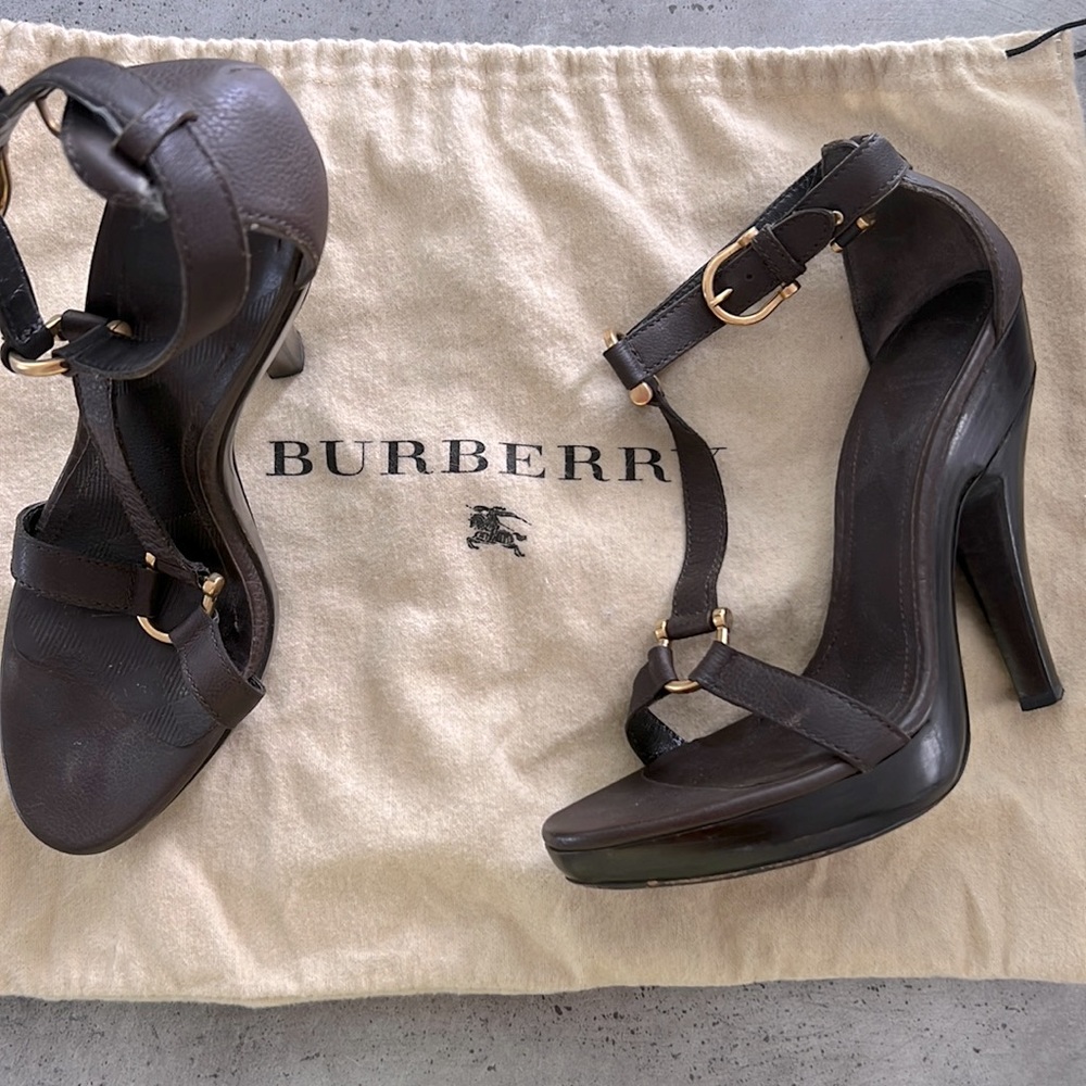Burberry leather T-strap sandals stiletto heels with platform wrap around straps